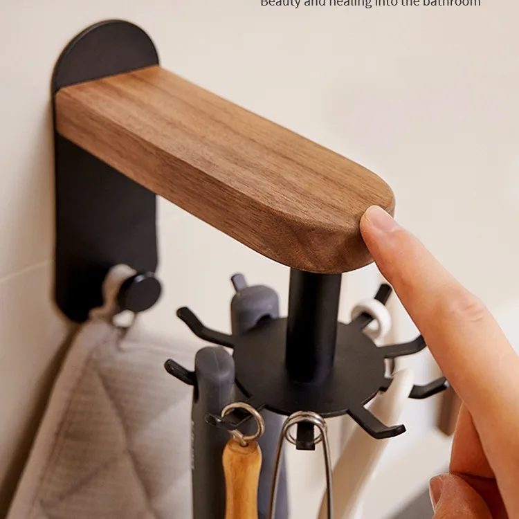 Solid wood wall-mounted kitchen hooks rotating multifunctional spoon spatula storage rack kitchen utensils shelves no punch 3