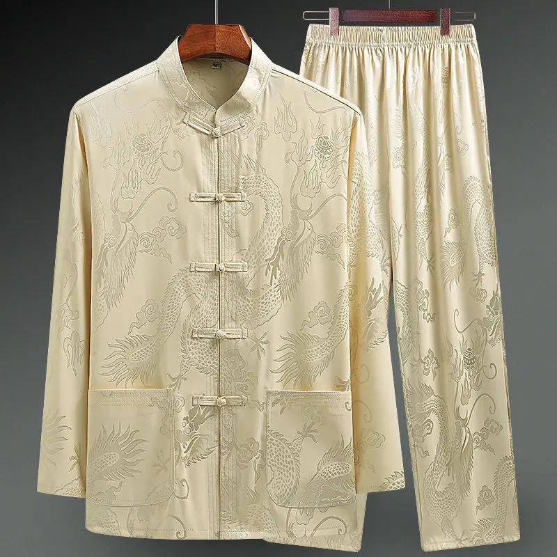 Men Silk Satin Shirt Chinese Traditional Tang Suit Smooth Men Dragon Print Shirt Business Chemise Homme Casual Kong Fu Shirts chinese men hanfu top