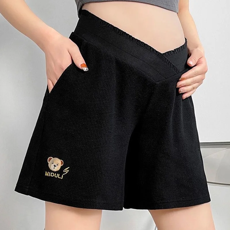 Shorts de maternidade plissado, perna larga, solto, reto, cintura baixa, roupa de barriga para gestantes, casual, verão