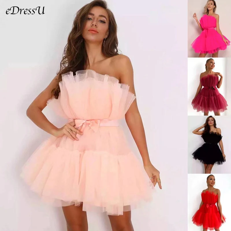 

2023 Sweet Cocktail Party Dress Women Strapless Bowknot Tulle Organza Homecoming Dress Pink Knee Length Dress FLD-462