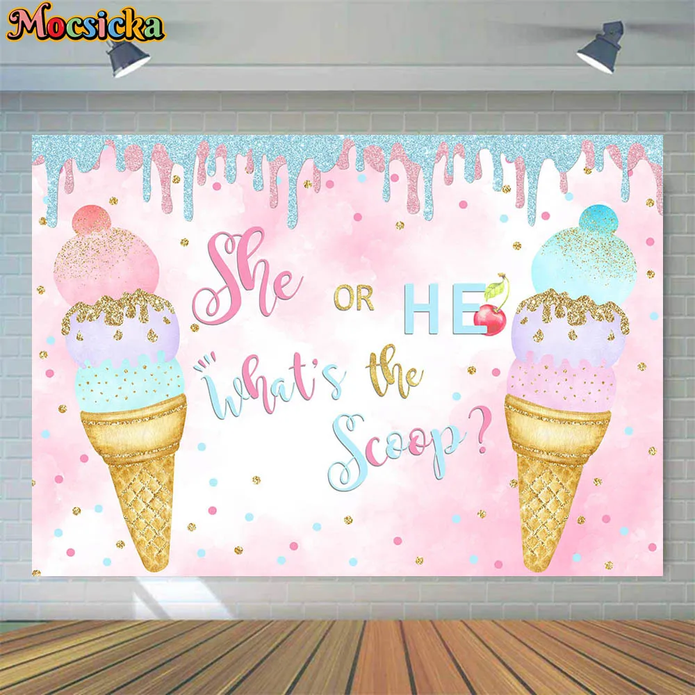 

Mocsicka Ice Cream Party Gender Reveal Background She or He What's the Scoop Baby Shower Backdrop Photo Studio Photography Props