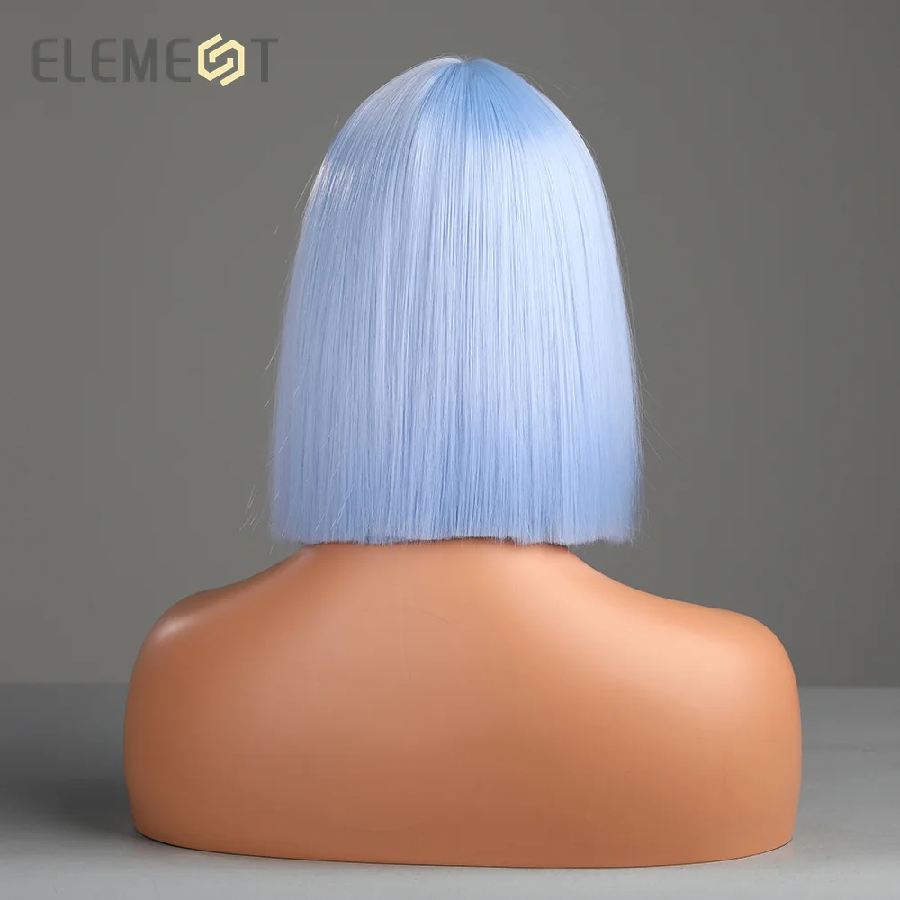 Element Synthetic Wig Short Straight Bob Light Blue Hair Wigs with Bangs for Women Ladies Party Daily Natural Headband Hair