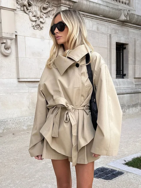 HH Women High Street Short Coat Lapel Wear Belt Single-breasted Women Autumn Fashion Pockets Long Sleeves Solid Jackets 1