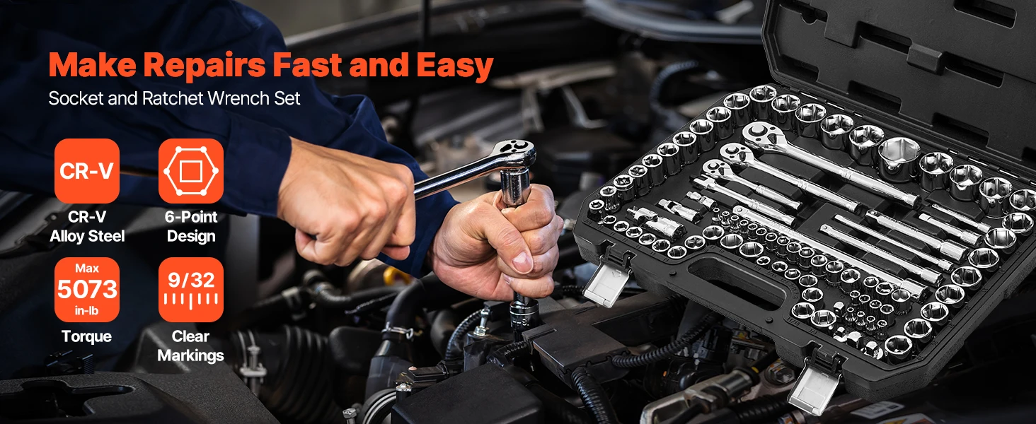 SucceBuy Socket Set 86 Pieces 3/8 1/4 1/2in Drive Socket and Ratchet Set SAE Metric Mechanic Tool Kit with Ratchet Wrench