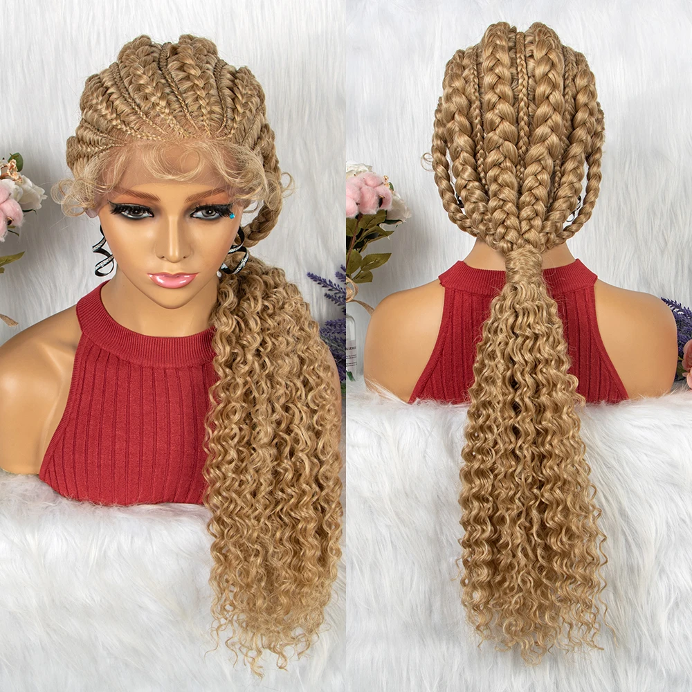 28 Inch Blonde Color Synthetic Lace Front Braided Wigs for Black Women Crochets Braids Hair Wig Pre Plucked with Baby Hair