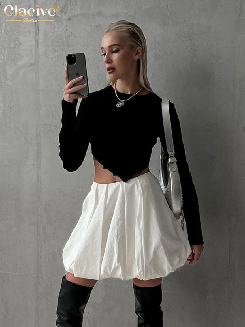 

Clacive Casual Loose White Women'S Skirt 2023 Elegant Mid Waist Office Lady Mini Skirts Fashion Pleated Faldas Female Clothing