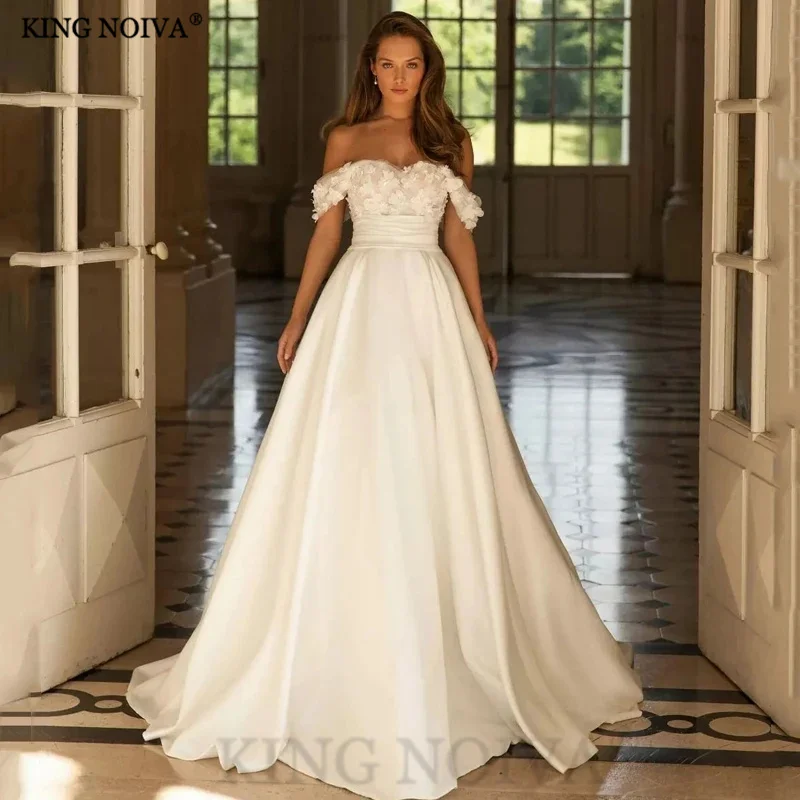 

KING Sweetheart Off The Shoulder A-Line Wedding Dresses For Women 2024 Flowers Satin Floor Length Bride Gown Vestido De Novia