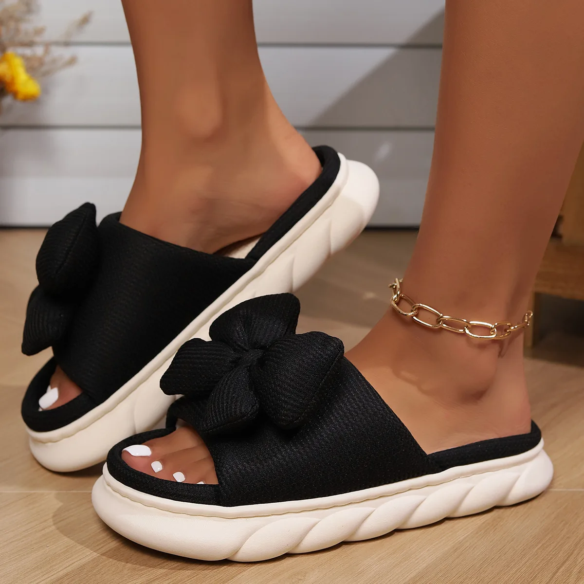 Fashion Bowknot Linen Home Slippers Women Thick Sole Non Slip House Cotton Shoes Woman Flat Heels Platform Indoor Slippers 2024 - Image 5