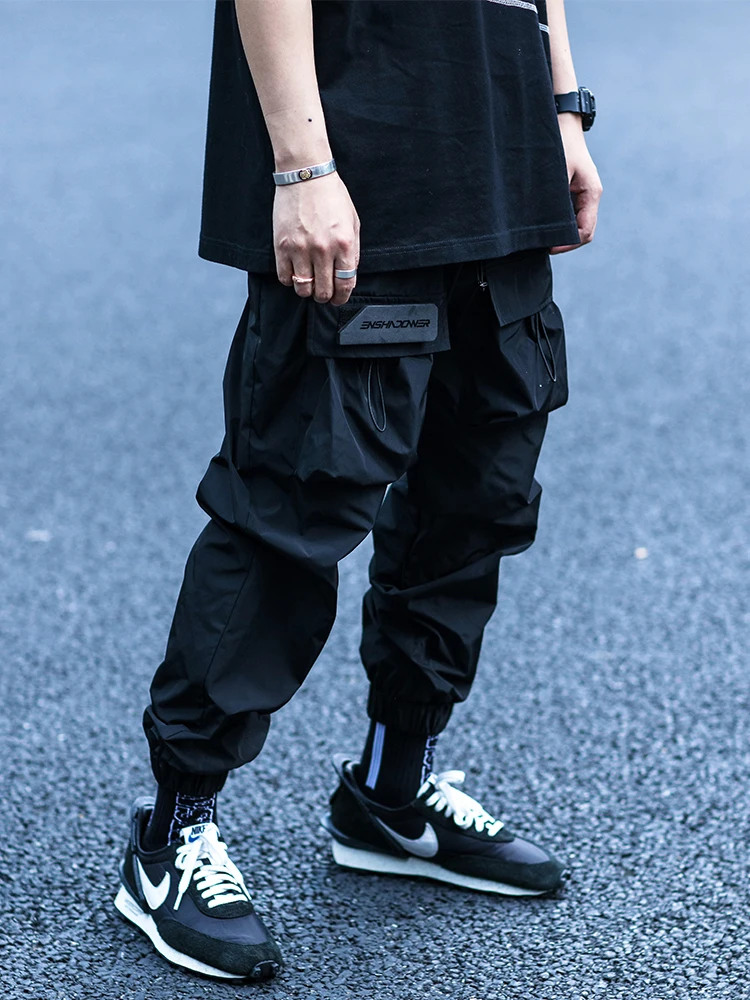 

ENSHADOWER 19SS Techwear Metal Nylon Fashion Drawstring Jogger Men's Loose Casual Sports Pants cyberpunk darkwear streetwear