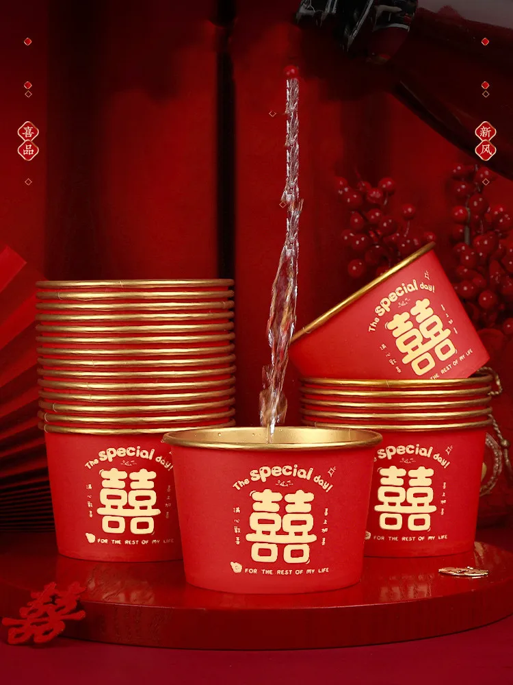 40pcs Disposable Paper Bowl Chinese Wedding Tableware Thicker Leakproof Salad Bowl Wedding Supplies