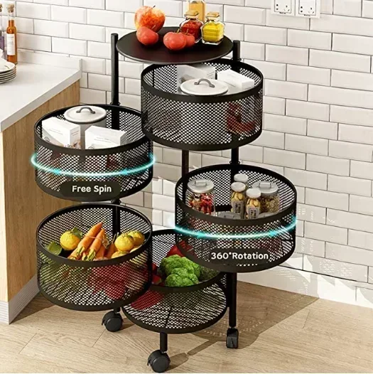 Kitchen Storage Round Rotating Trolley Fruit Vegetable Floor Shelve Installation-free Racks Multi-storey Snack Flavoring Basket storage rack