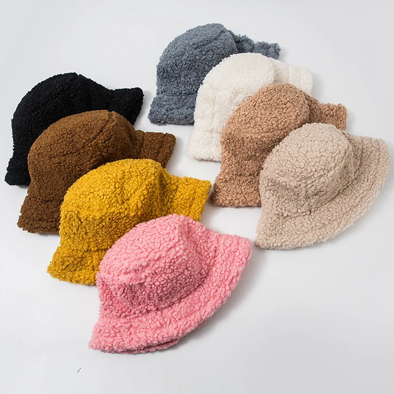 

Solid Color Fur Warm Female Cap Faux Fur Winter Bucket Hat for Women Outdoor Sunscreen Sun Hat Panama Lady Cap
