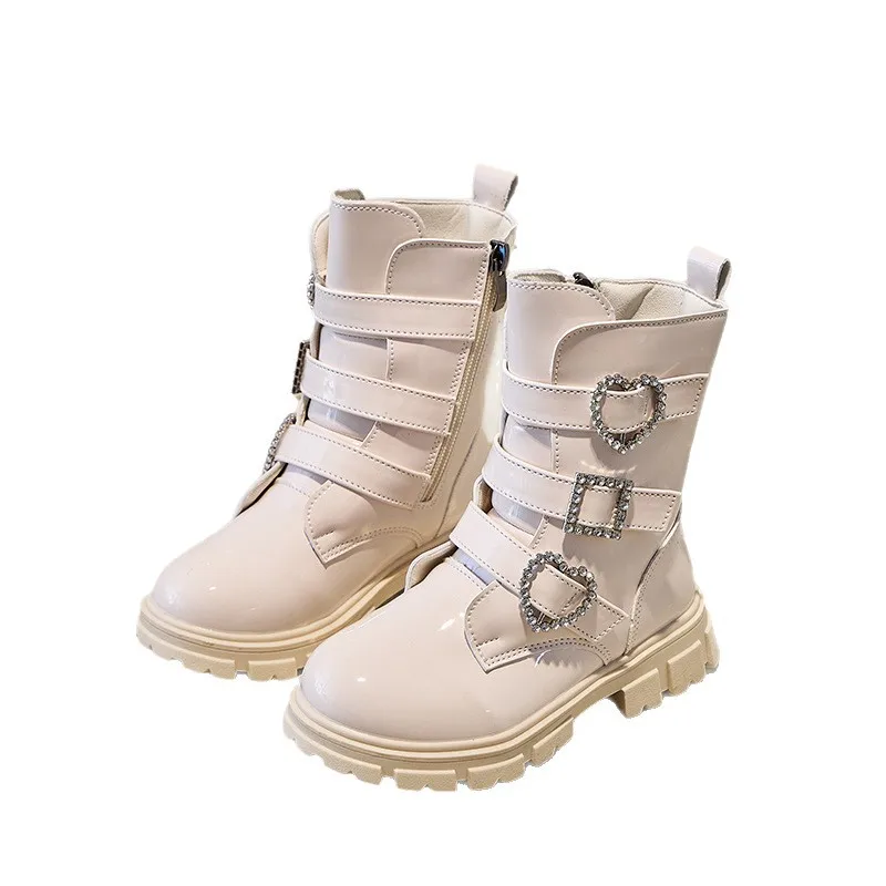 Kids'Boots 솔리드 컬러 PU 가죽 버클 패션 가을 신발 소녀용 미끄럼 방지 통기성 블랙 화이트 신발 사이즈 27-37