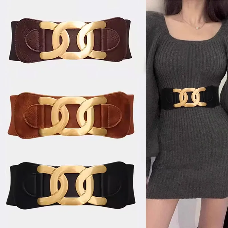 Golden Hook Buckle Elegant Women's Retro Elastic Wide Belt
