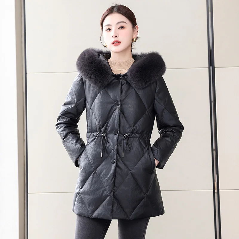 New Women Winter Casual Hooded Leather Down Jacket Fashion Warm Real Fox Fur Collar Drawstring Sheepskin Down Coat Split Leather new women winter leather down coat fashion warm mink fur collar long sheepskin down coat split leather casual thick overcoat