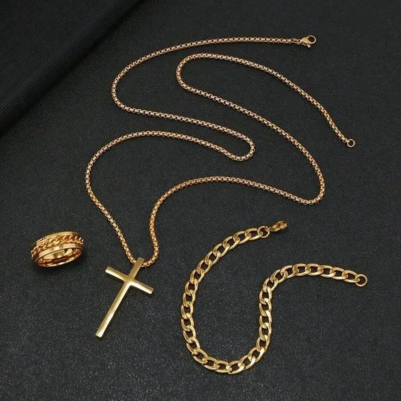 3pcs Stainless Steel Cuban Chain Bracelet Necklace Ring Set for Men