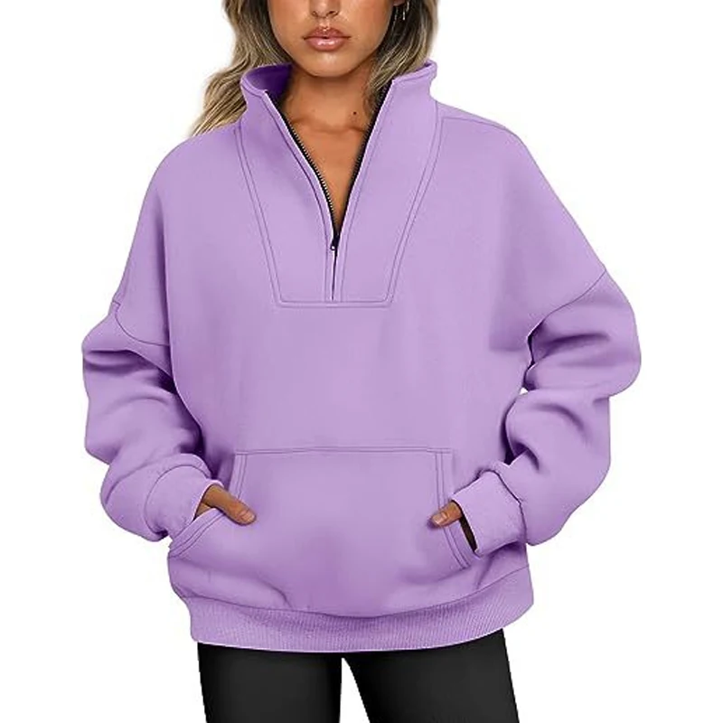 2023 Winter New Solid Color Stand Collar Long Sleeve Fashion Sweatshirts Women Casual Loose Zipper Pockets Screw Thread Pullover