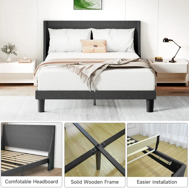 HAUSPROFI Double Bed Frame 135cm, Upholstered Bed with Winged Headboard, Wooden Slats Support, Easy Assembly, Modern Bed 5 HAUSPROFI Double Bed Frame 135cm, Upholstered Bed with Winged Headboard, Wooden Slats Support, Easy Assembly, Modern Bed 5