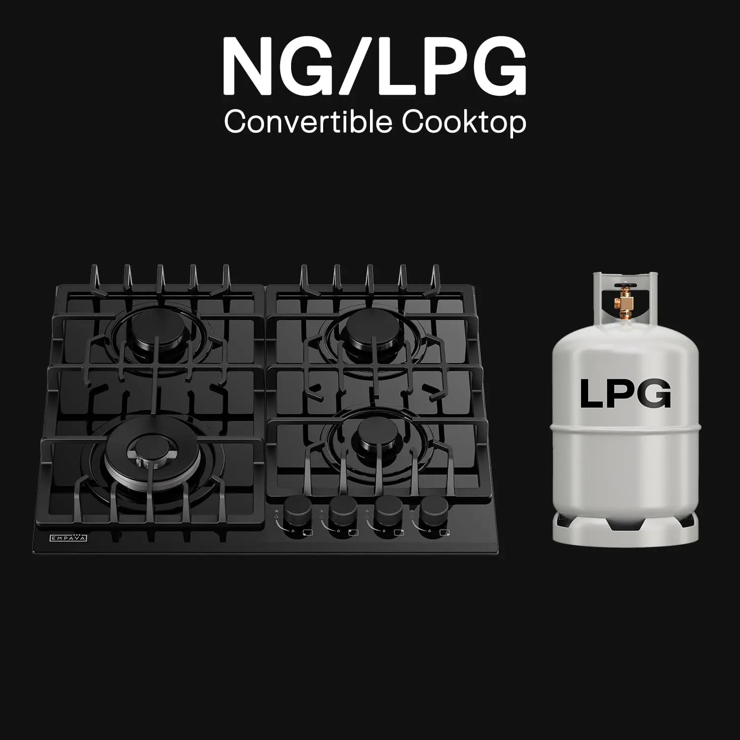 24 in. Gas Stove Cooktop with 4 Sealed Burners-Heavy Duty Continuous Grates-NG/LPG Convertible-Black Tempered Glass Surfa