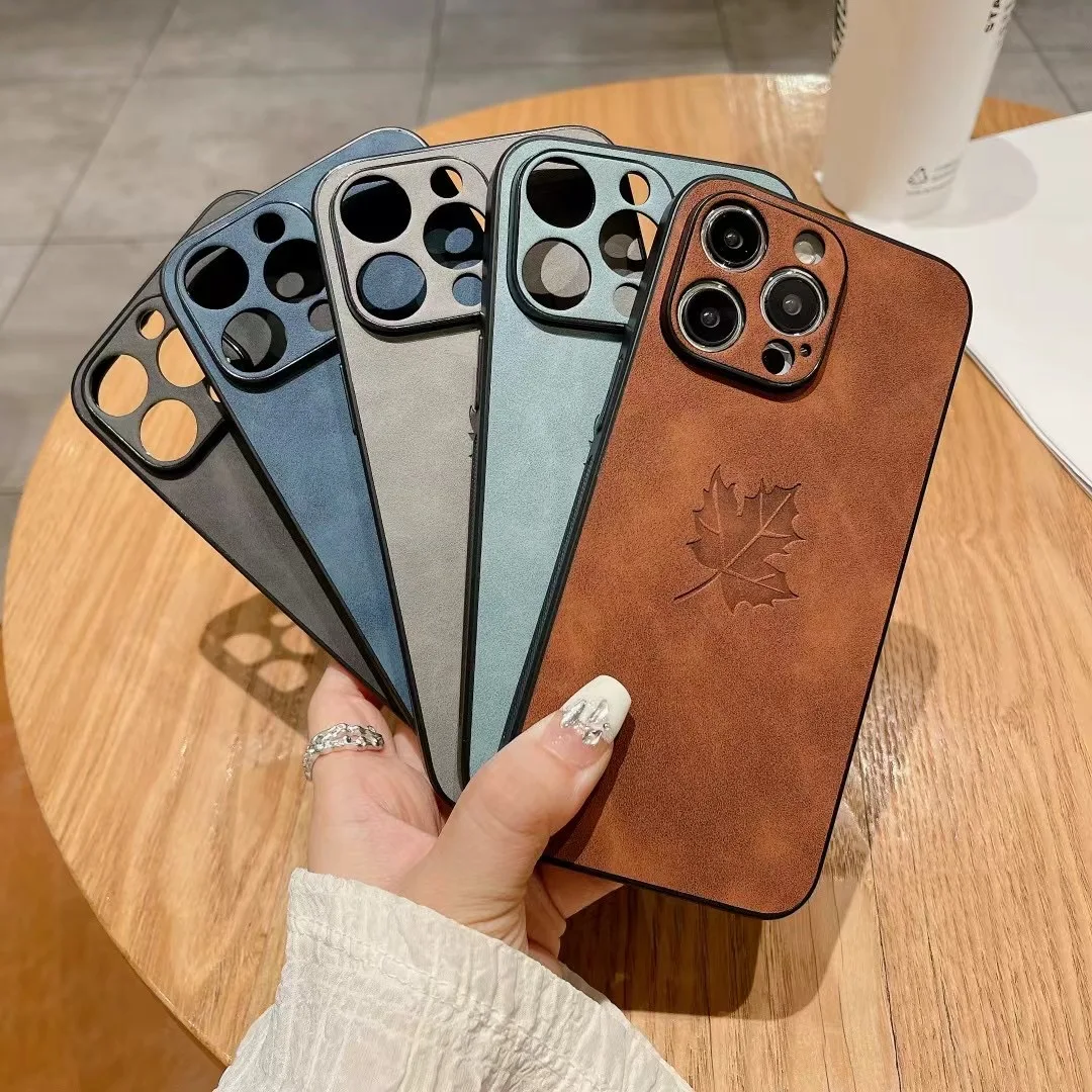Luxury Maple Pattern Suede Leather Phone Case with Fine Hole Camera and Shockproof Soft Bumper Cover