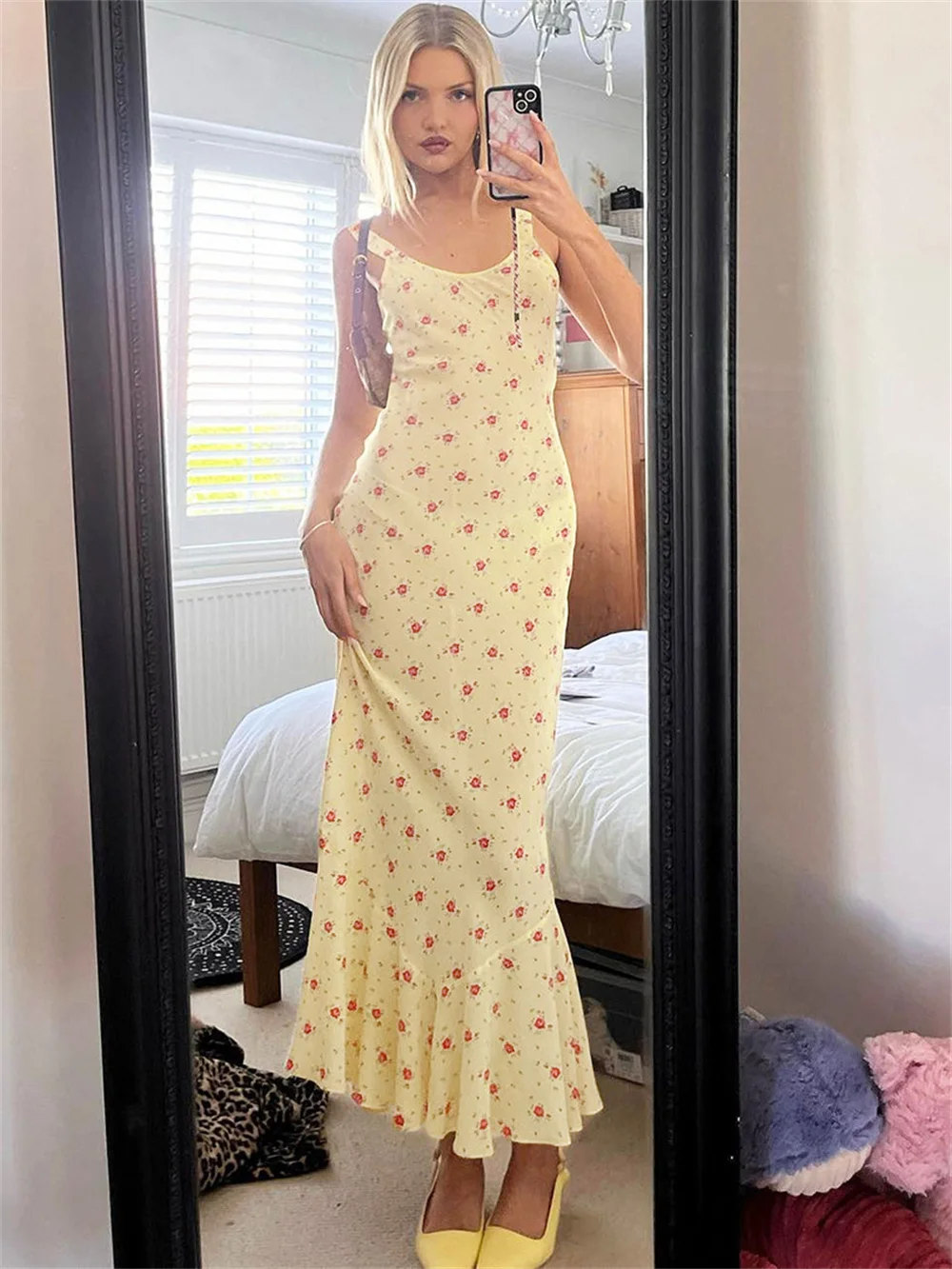 French Floral Long Fishtail dress 2024 summer women's new print fashion trend halter and ankle dress