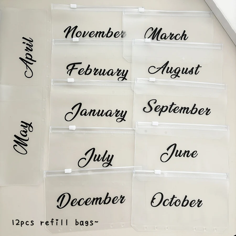 A6 Loose Leaf Monthly Zipper Bag Cash Budget Envelope Binder Ticket Receipt Storage Bag Wealth Management Gift Set 1 cover + 12