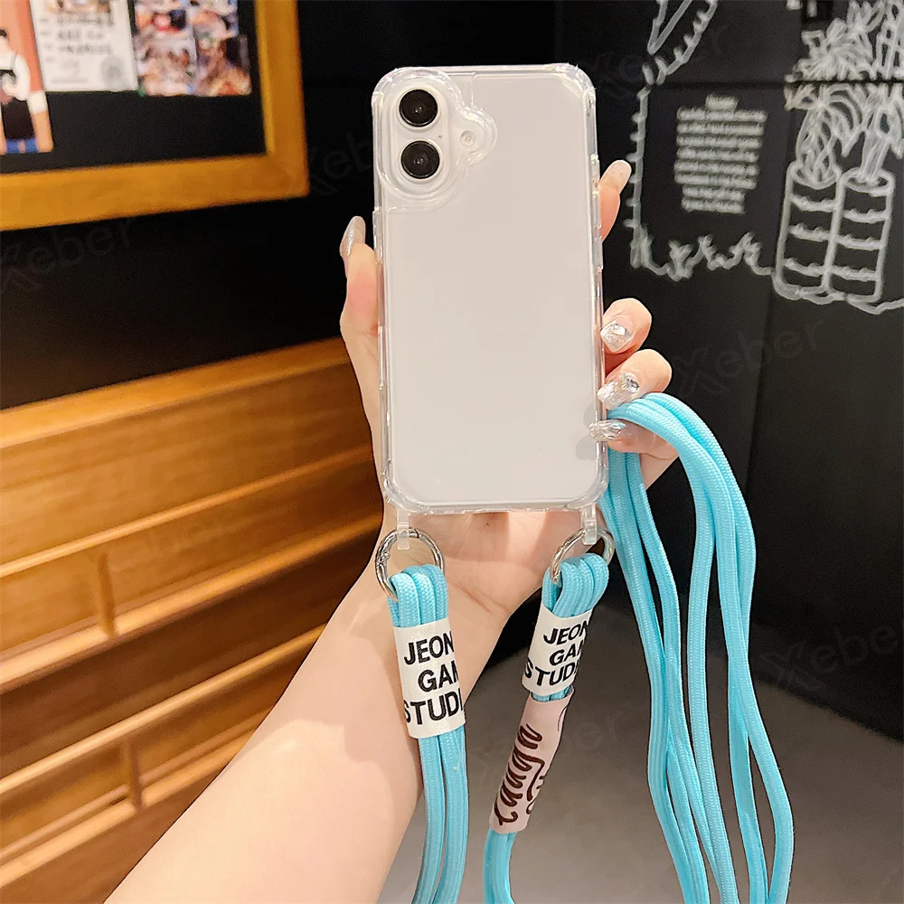 Étui de téléphone transparent avec lanière et collier en bandoulière pour iPhone 15 16 14 Pro Max 14 13 12 11, housse de protection antichoc à coussin d'air_voghion.com