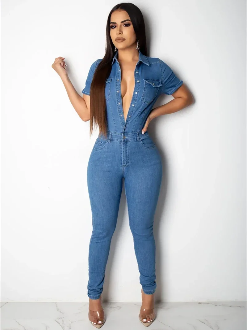 

Streetwear Jean Jumpsuits for Women Summer Y2K Clothes Short Sleeve Bodycon Denim Rompers Playsuits One Pieces Overalls Outfits