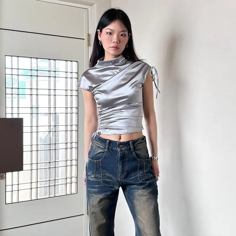 실버 드로스트링 하프 하이넥 반팔 티셔츠, 슬림하고 섹시한 크롭 탑, 그런지 그래픽 티, Y2k 의류