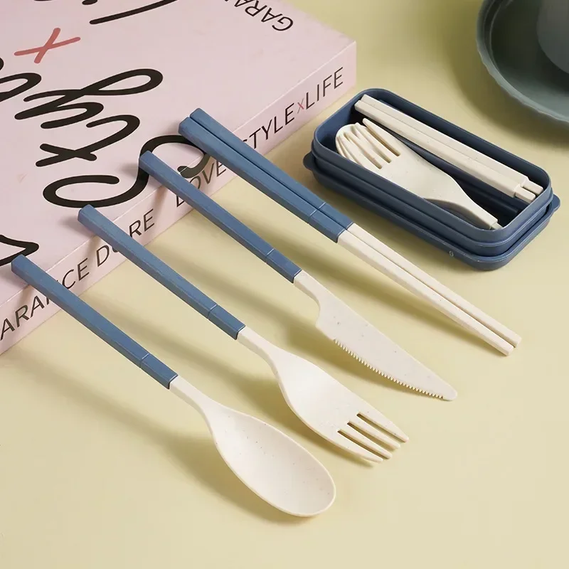 Wheat Straw Cutlery Students Spoons Forks Chopsticks With Box Tableware Travel Portable Travel Detachable Kitchen Accessories