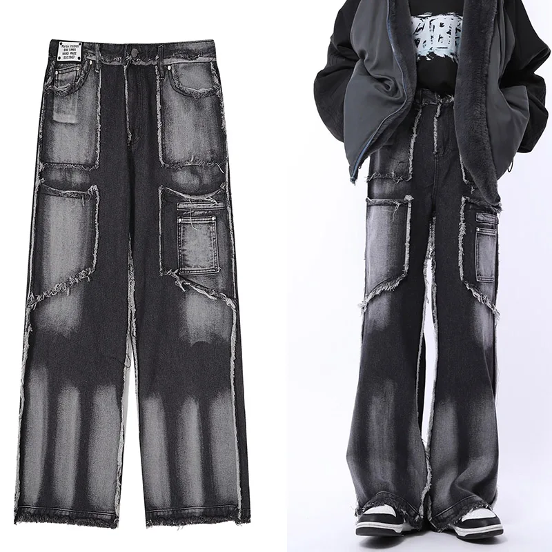 

Harajuku Vintage Ragged Black Tooling Loose Jeans Men's 2K Streetwear Gothic Punk Oversized Pants Women's Wide Leg Bermuda