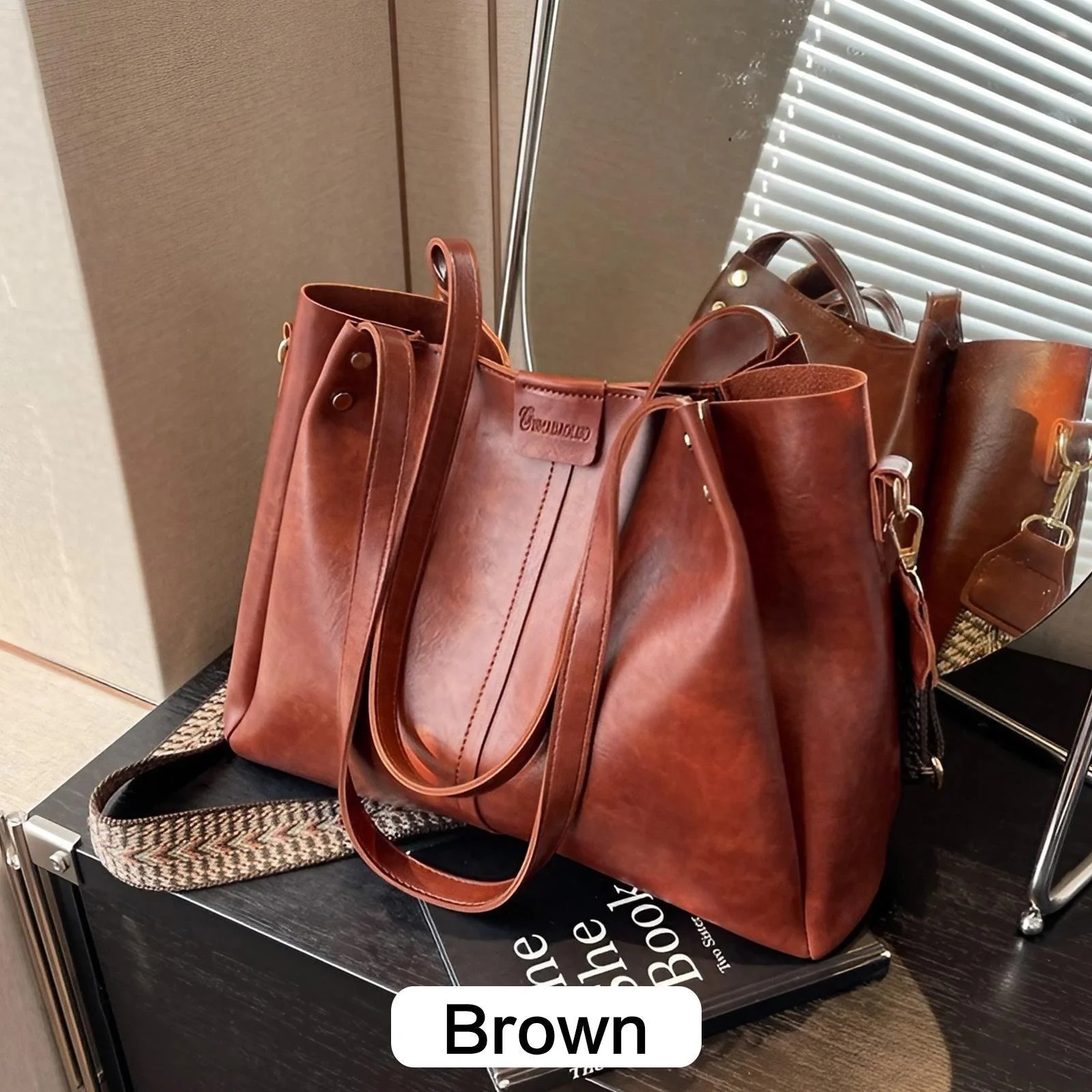 Large capacity PU leather shoulder bag with multi compartments, lightweight, waterproof, and stylish for everyday use. red