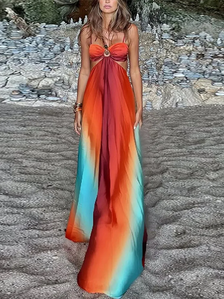 Fashion Gradient Hollow Out Maxi Dress Women Bohemia Spaghetti Strap Sleeveless Backless Beach Dresses Female Vacation Chic Robe 3
