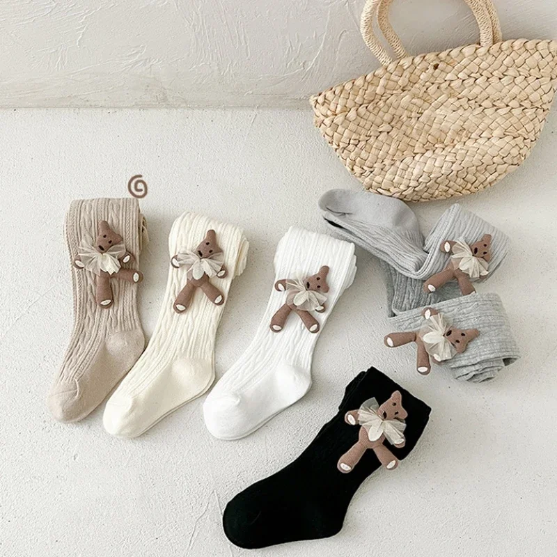 Spring Autumn Baby Girls School Student Uniform Pantyhose Pants Leggings Tights Bear Kids Children Stretch Knitting Trousers kids pantyhose