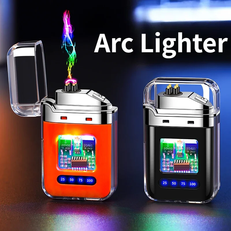 Electric Double Arc USB Rechargeable Lighter Plasma Outdoor Windproof Battery Display Type-C Smoking Accessories Men's Gifts