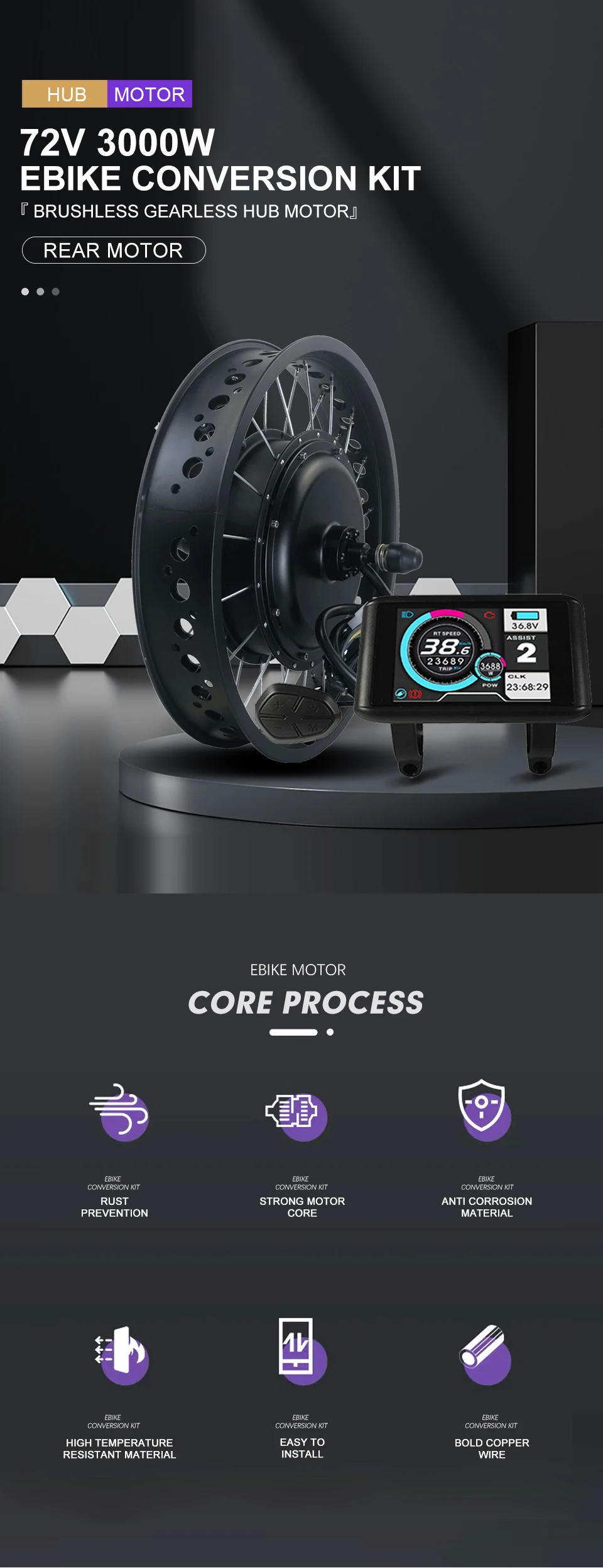 Description Picture 2 of itemFatbike 72V3000W Snow Electric Bicycle Conversion Kit 4.0 20”24”26”Tire Wheel Hub Motor Rear Dropout 170mm/190mm