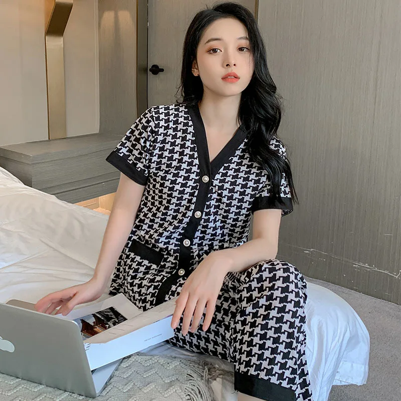 Summer Women's Thin Wall Cotton Pajamas V-neck Short Sleeve Cardigan Pants Oversized Loose Home Clothing Set Sweet Sleepwear