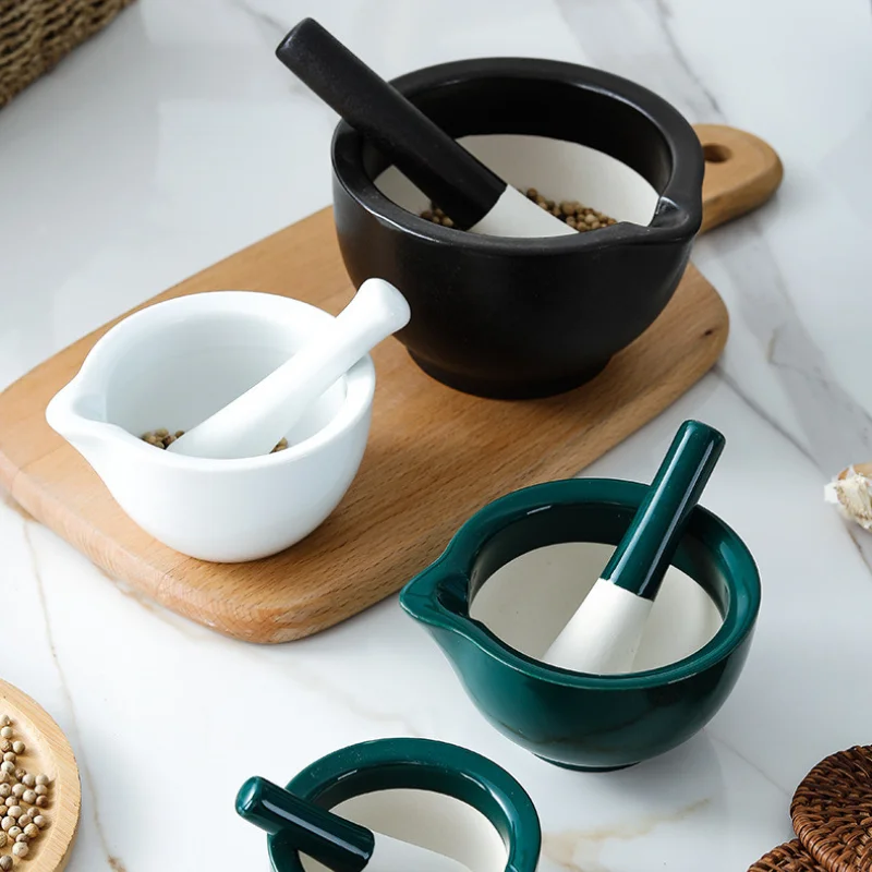 Porcelain Mortar and Pestle Spice Garlic Herb Grinder Mixing Grinding Bowl Crusher Set Restaurant Kitchen Tools