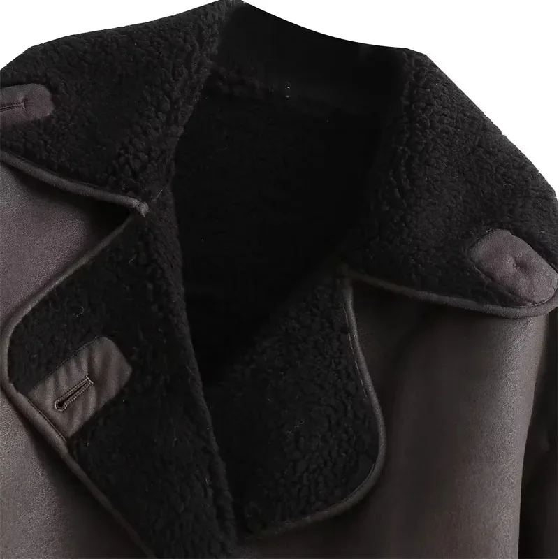 TRAF Woman Thick Faux Leather Jackets for Women Coat Autumn Winter Warm Wool Blends Coats Demi-season Plush Jacket Outerwear 6