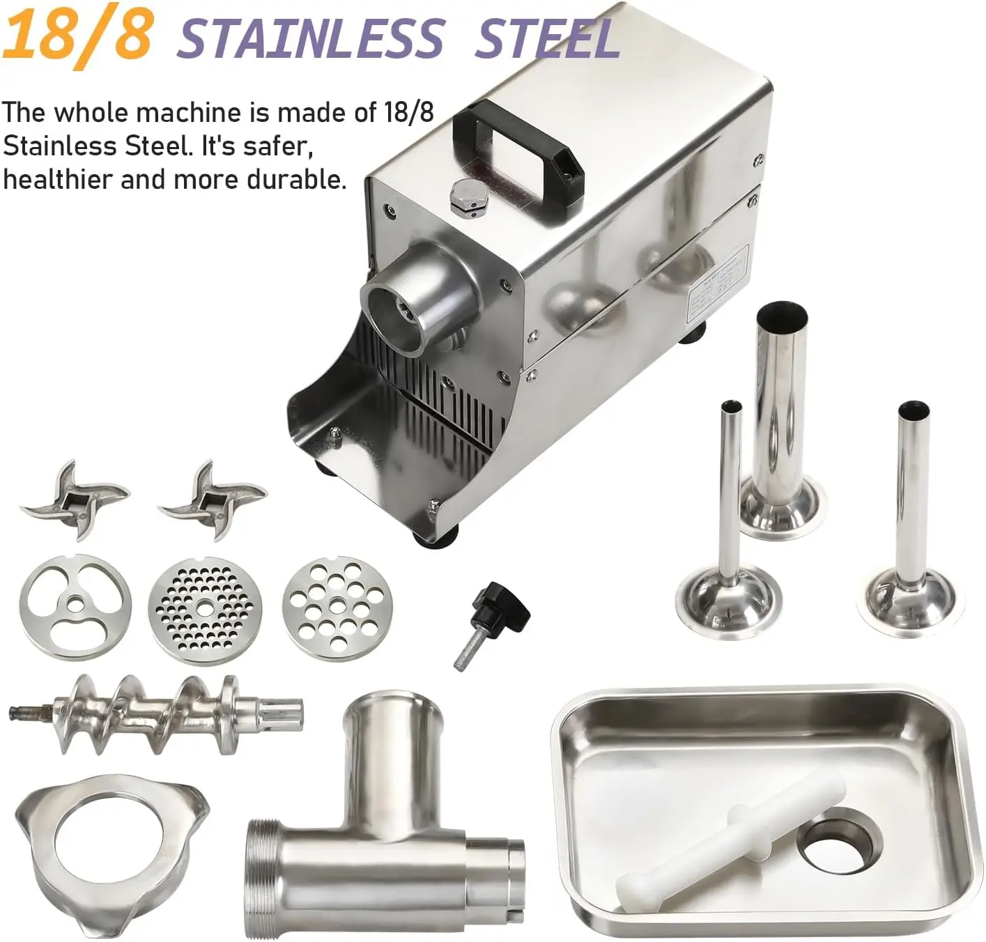 304 Stainless Steel Electric Meat Grinder 2800W Max Meat Grinder Heavy Duty Commercial Meat Grinder #8 2