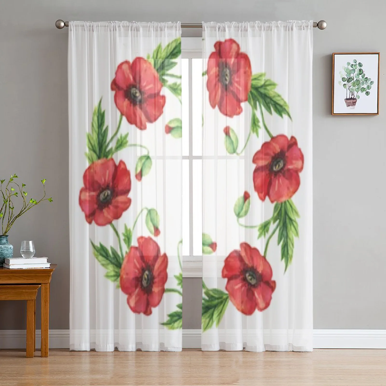 Poppy Flower Sheer Curtains for Living Room Bedroom Tulle Curtains Kitchen Window Treatments Panel Drapes 