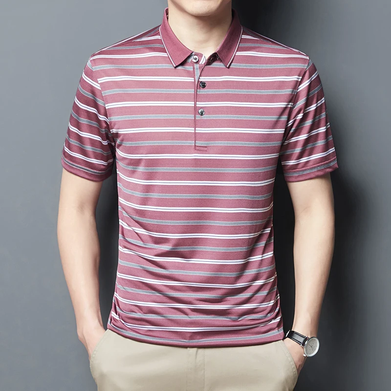 

Рубашка-поло мужская в полоску, люксовая тонкая сорочка из шелка тутового шелкопряда, с коротким рукавом, в деловом стиле, Повседневная футболка для гольфа, 4XL