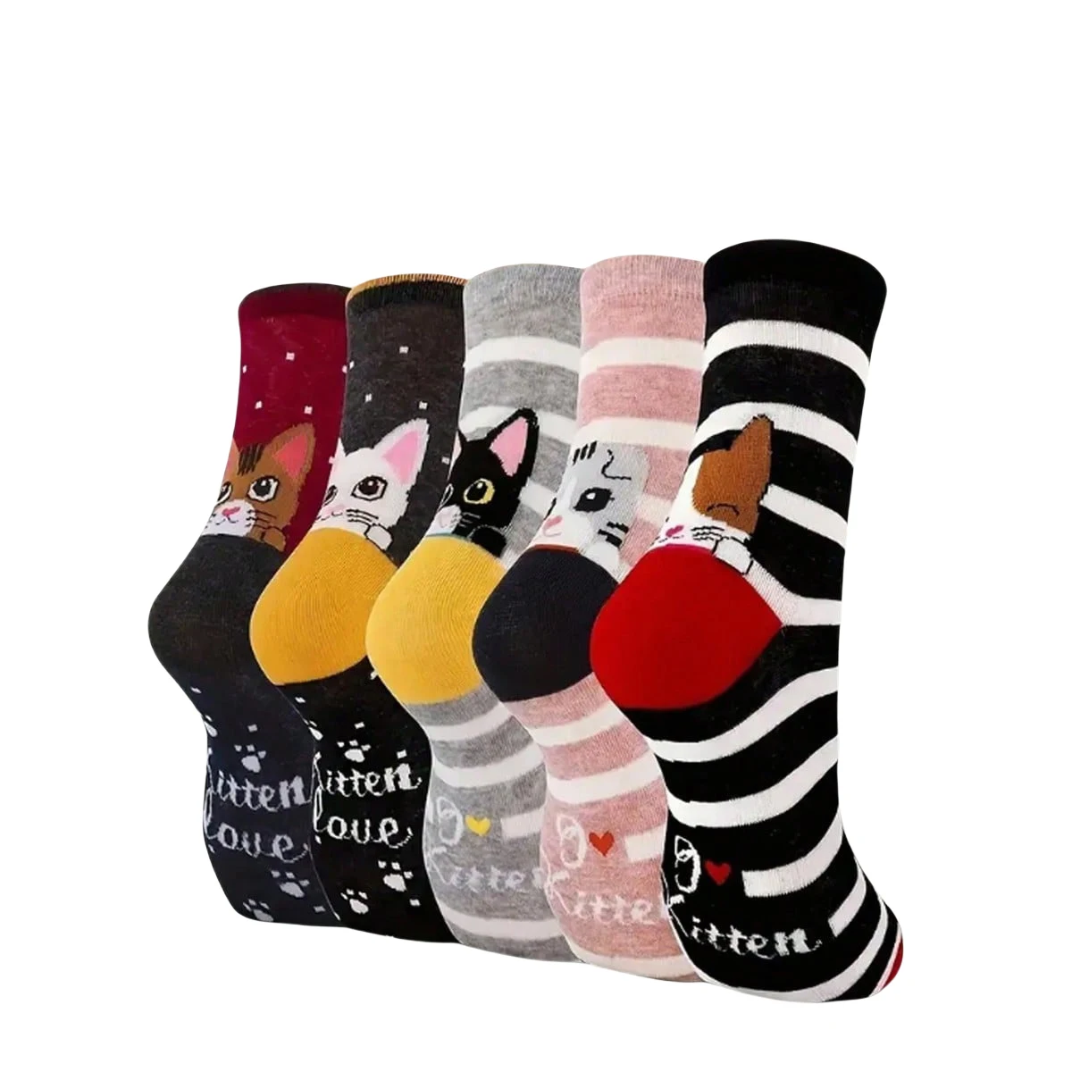 5 pares de calcetines bonitos de gato para mujer, calcetines de algodón con dibujos de animales, divertidos calcetines de algodón con gatito, regalo, conjunto de calcetines informales coloridos