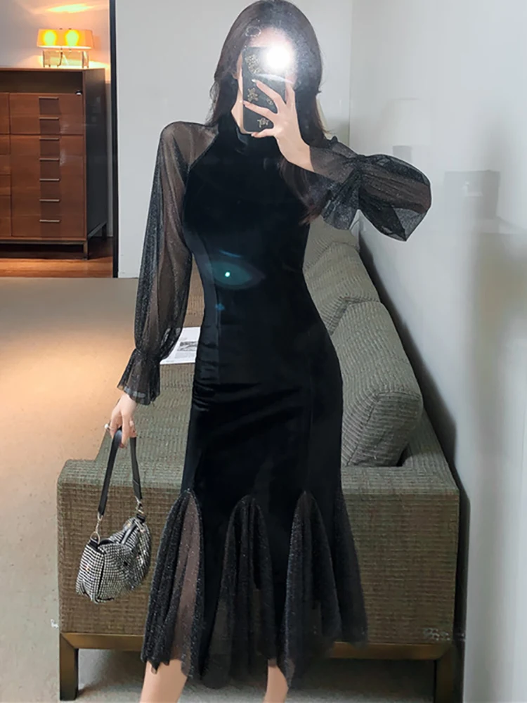 

Black Velvet Patchowrk Bright Silk Mesh Long Dress Women Autumn Winter Elegant Luxury Ruffled Dress 2023 Korean Vintage Vestidos