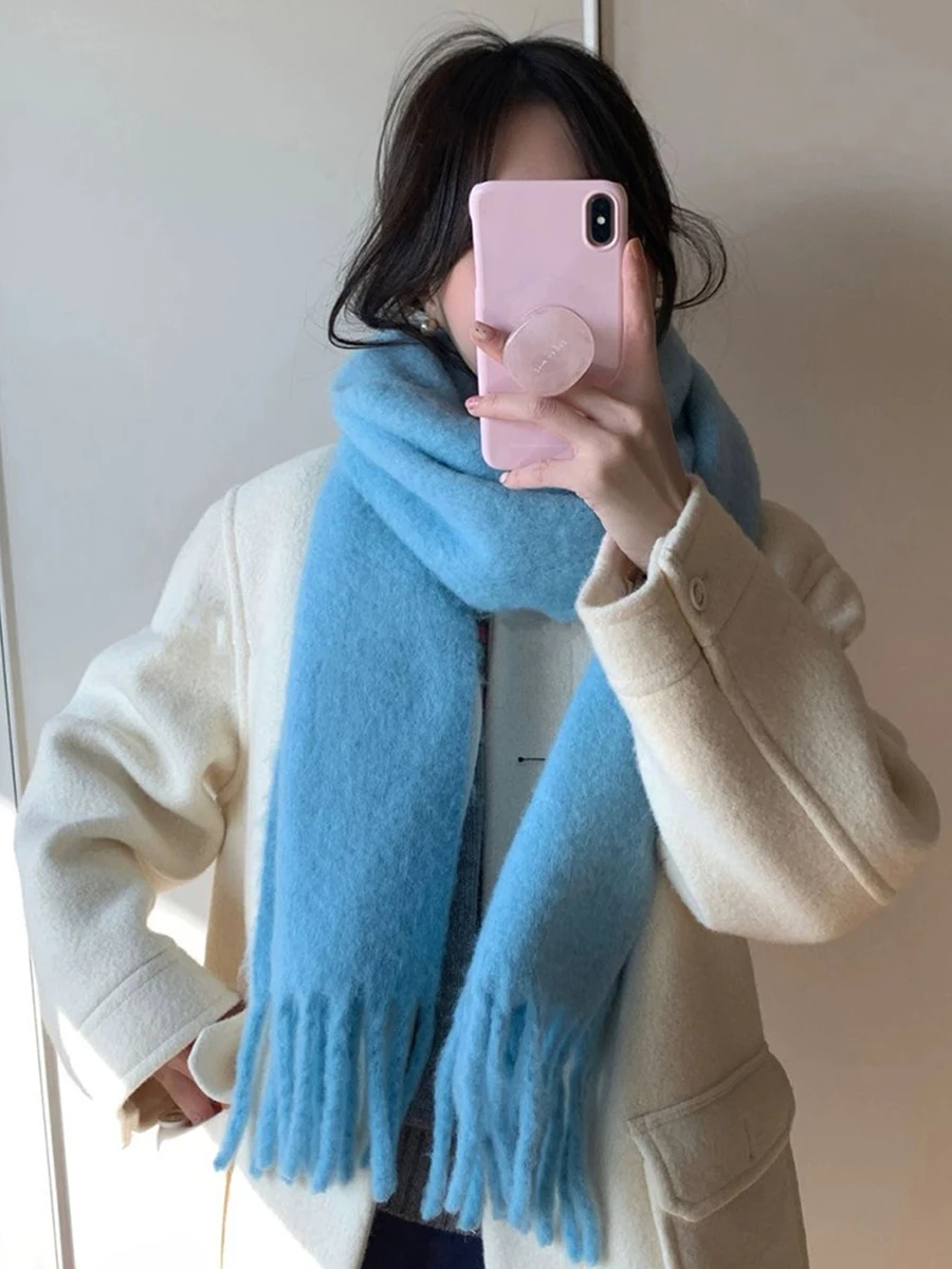 

Fashion Superior Pure Color Mohair Wool Blends Scarf Shawl Winter Long Thick Neckerchief Women Male Muffler Warm Soft