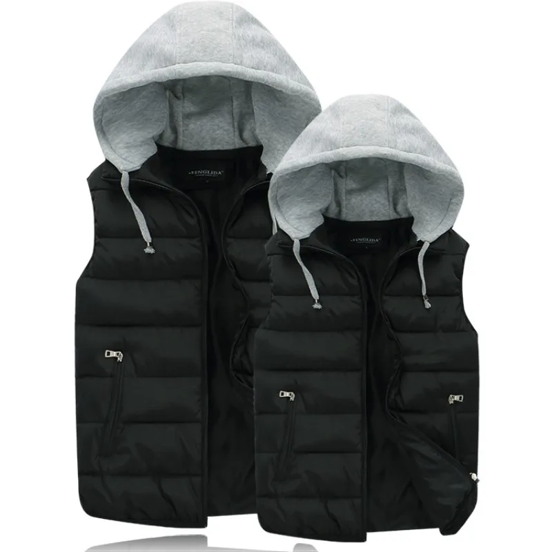 Autumn Winter Vests Hooded Jacket With Zipper Men's Outerwear Cotton Vest Thickened Windproof Warm Cotton Down Vest Men Women