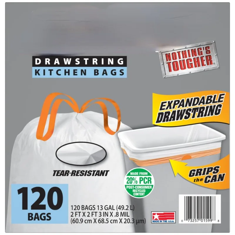 Tall Kitchen White Trash Bags, 13 Gallon, 120 Bags (Expandable Drawstring, 20% PCR)