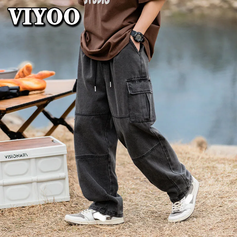 Men's HipHop Drawstring Pocket Jeans Baggy Y2K Wide Leg Denim Cargo Pants Streetwear Sweatpants Trousers Harajuk Pants For Men