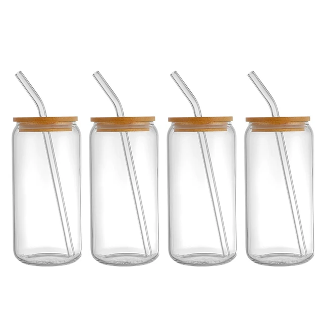Set of 4 18oz Glass Cups with Bamboo Lids and Straws for Coffee