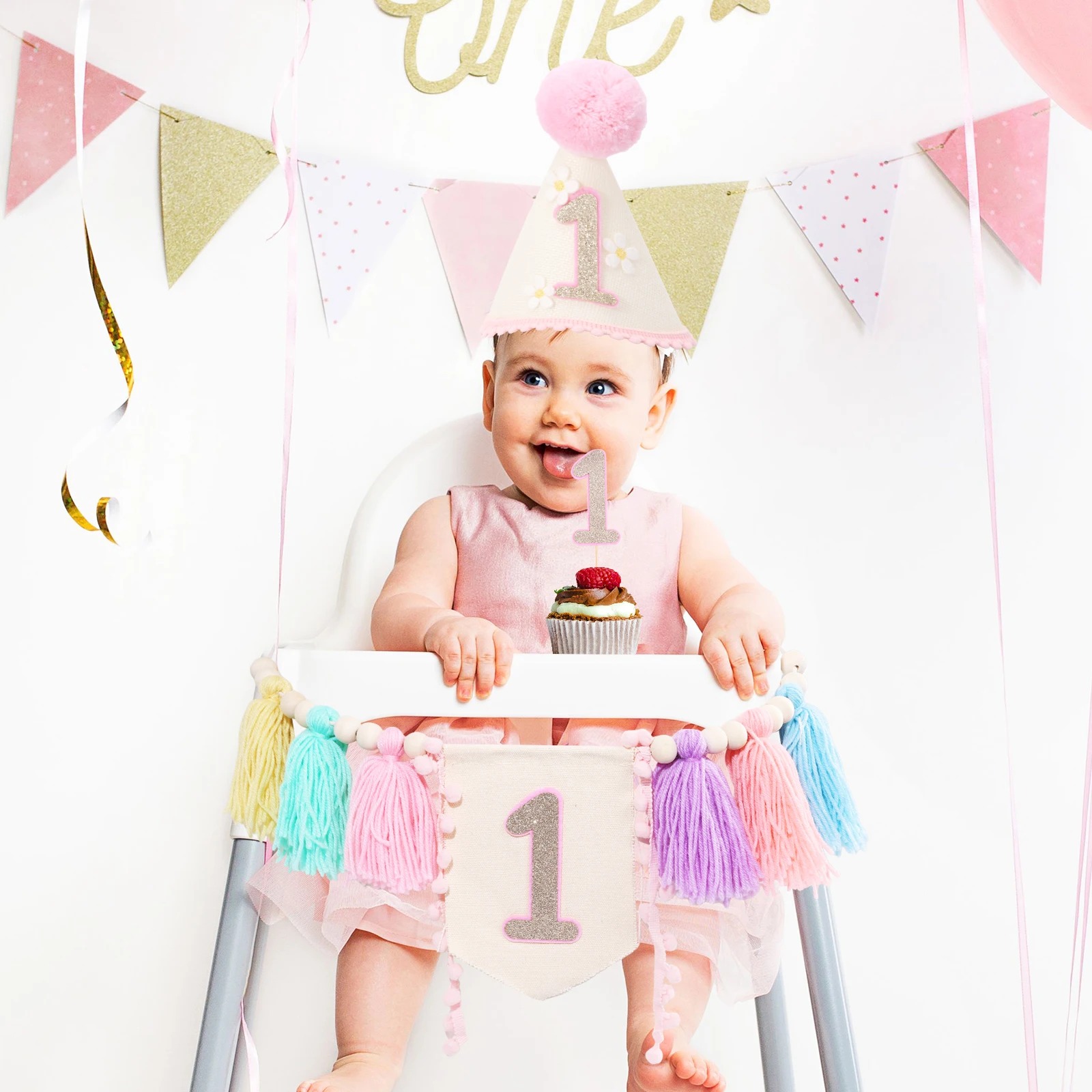 3pcs Baby First Birthday High Chair Banner Crown Hat and Cake Topper Boy Girl One Year Old Birthday Party Decoration Supplies